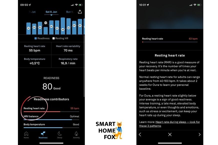 Displaying the resting heart rate measurement in the Oura app.